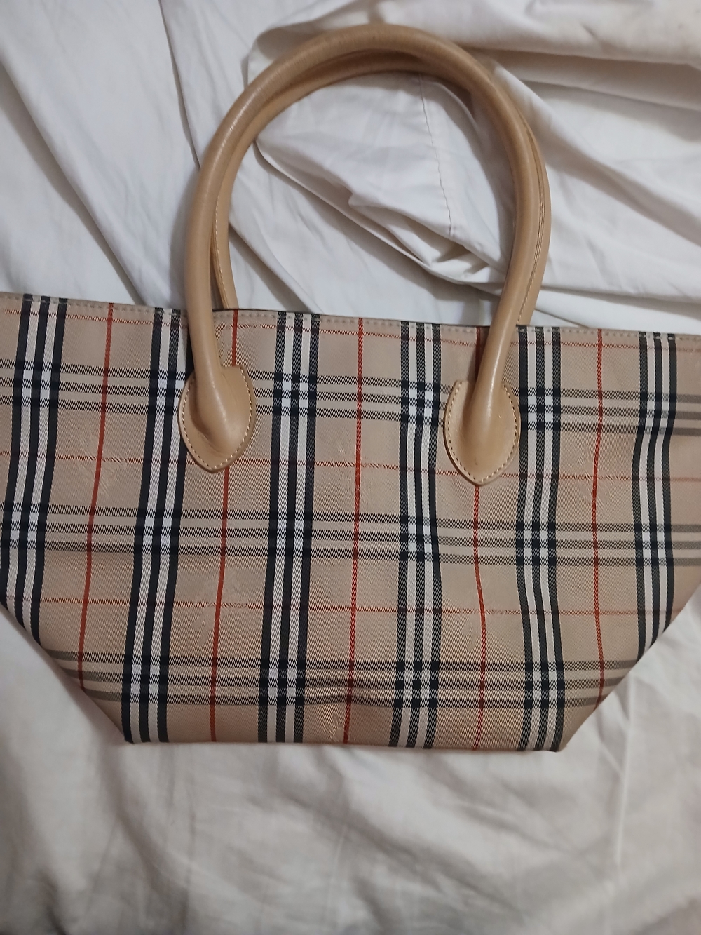 Burberry Beige Plaid Tote with Tan Handles